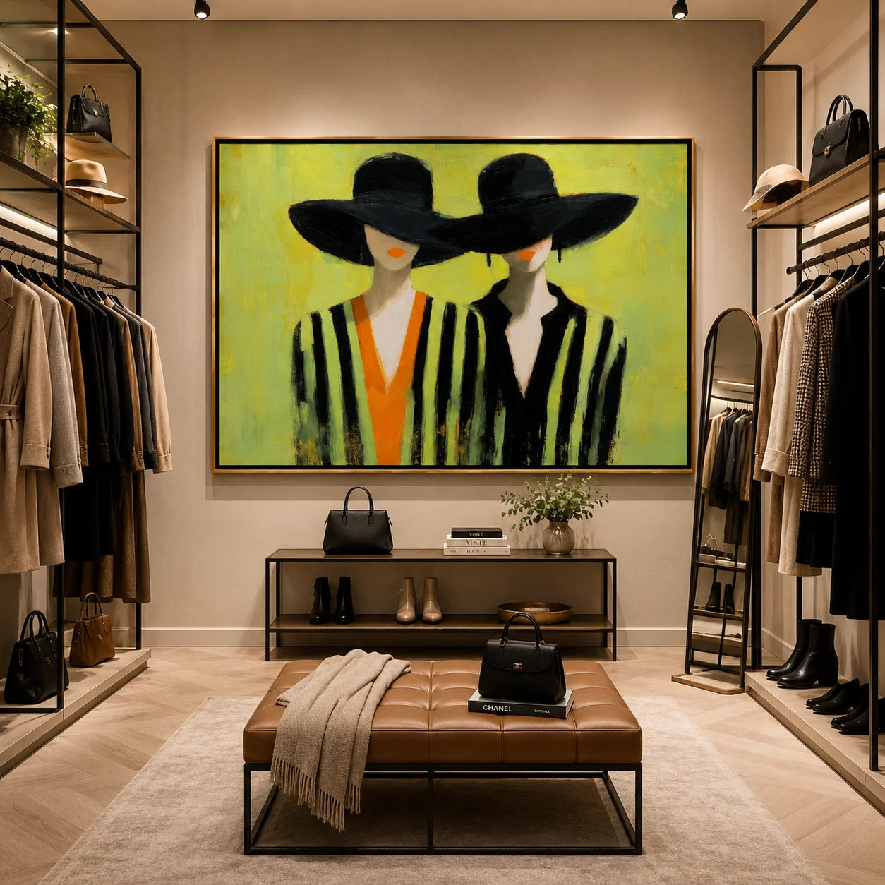 Hand-Painted Fashion Portrait Oil Painting, Two Women in Black Hats Wall Art for Modern Chic Home Decor#OA 0996