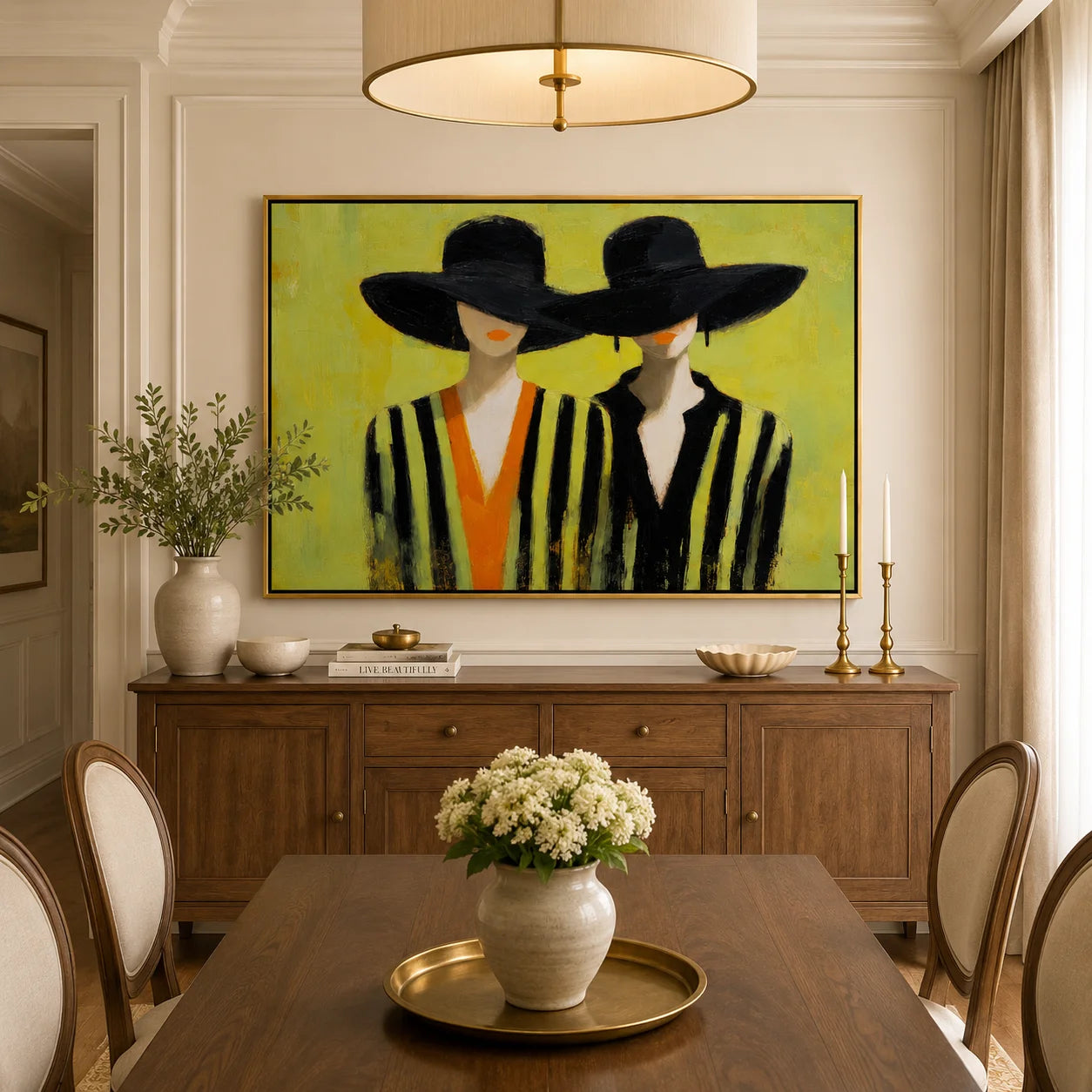 Hand-Painted Fashion Portrait Oil Painting, Two Women in Black Hats Wall Art for Modern Chic Home Decor#OA 0996