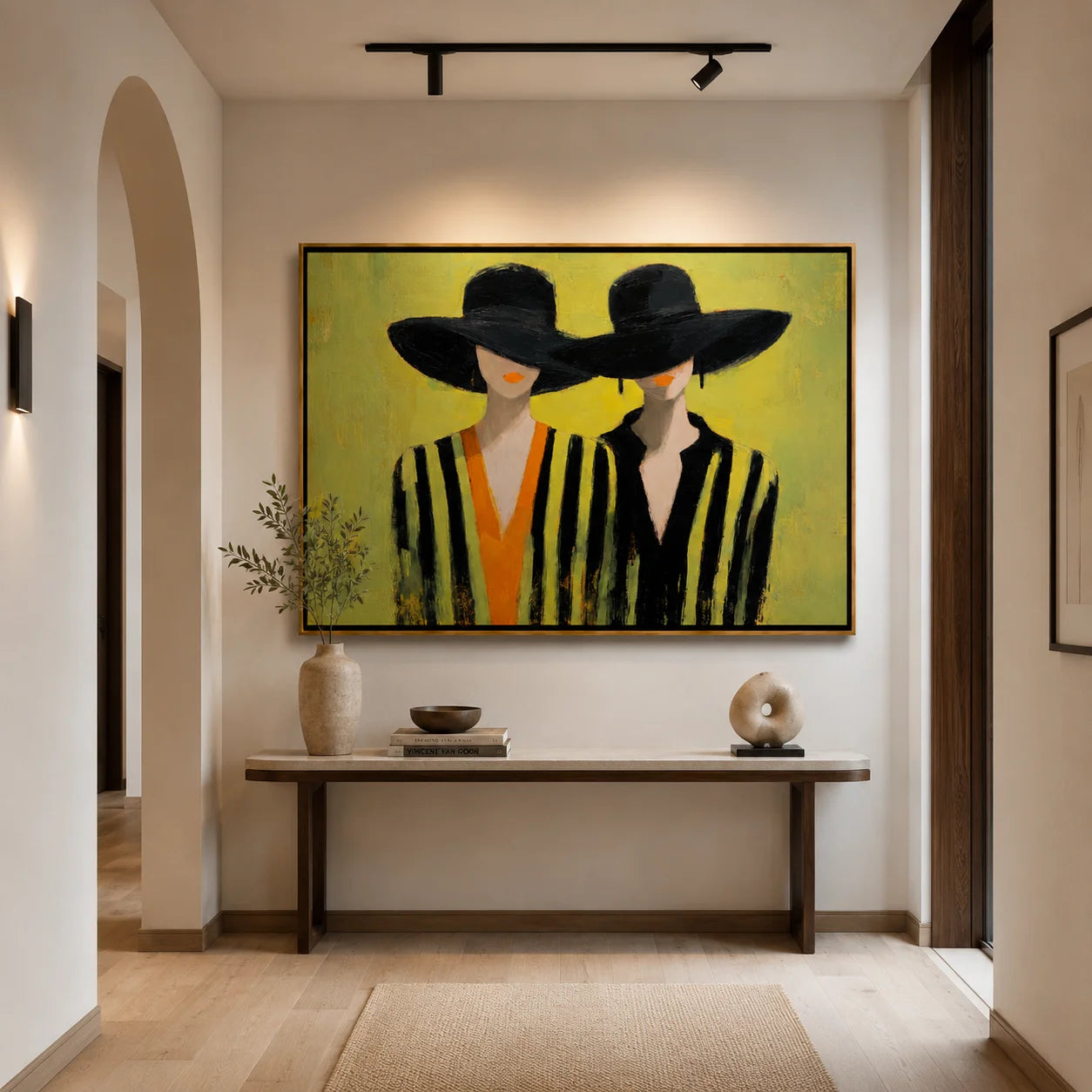 Hand-Painted Fashion Portrait Oil Painting, Two Women in Black Hats Wall Art for Modern Chic Home Decor#OA 0996
