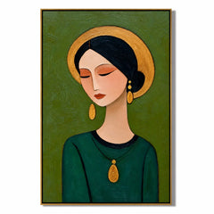 Hand-Painted Female Portrait Oil Painting, Textured Green Figurative Wall Art for Modern Home Decor #OA 0912