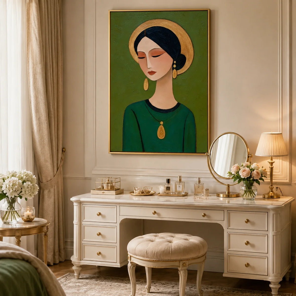 Hand-Painted Female Portrait Oil Painting, Textured Green Figurative Wall Art for Modern Home Decor
