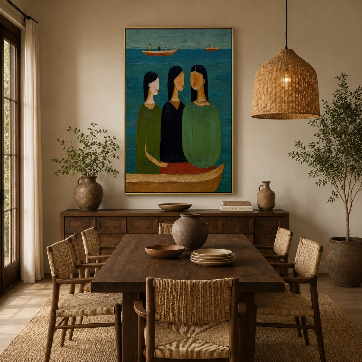 Hand-Painted Figurative Oil Painting, Textured Boat Portrait Wall Art for Modern Home Decor