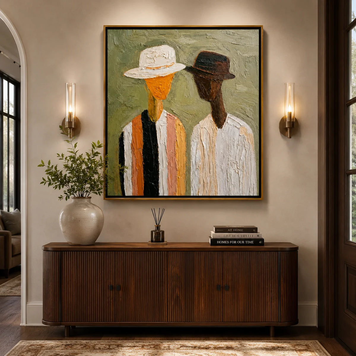 Hand-Painted Figurative Oil Painting, Textured Couple Portrait Wall Art for Modern Home Decor