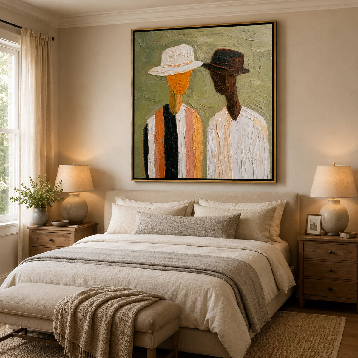 Hand-Painted Figurative Oil Painting, Textured Couple Portrait Wall Art for Modern Home Decor
