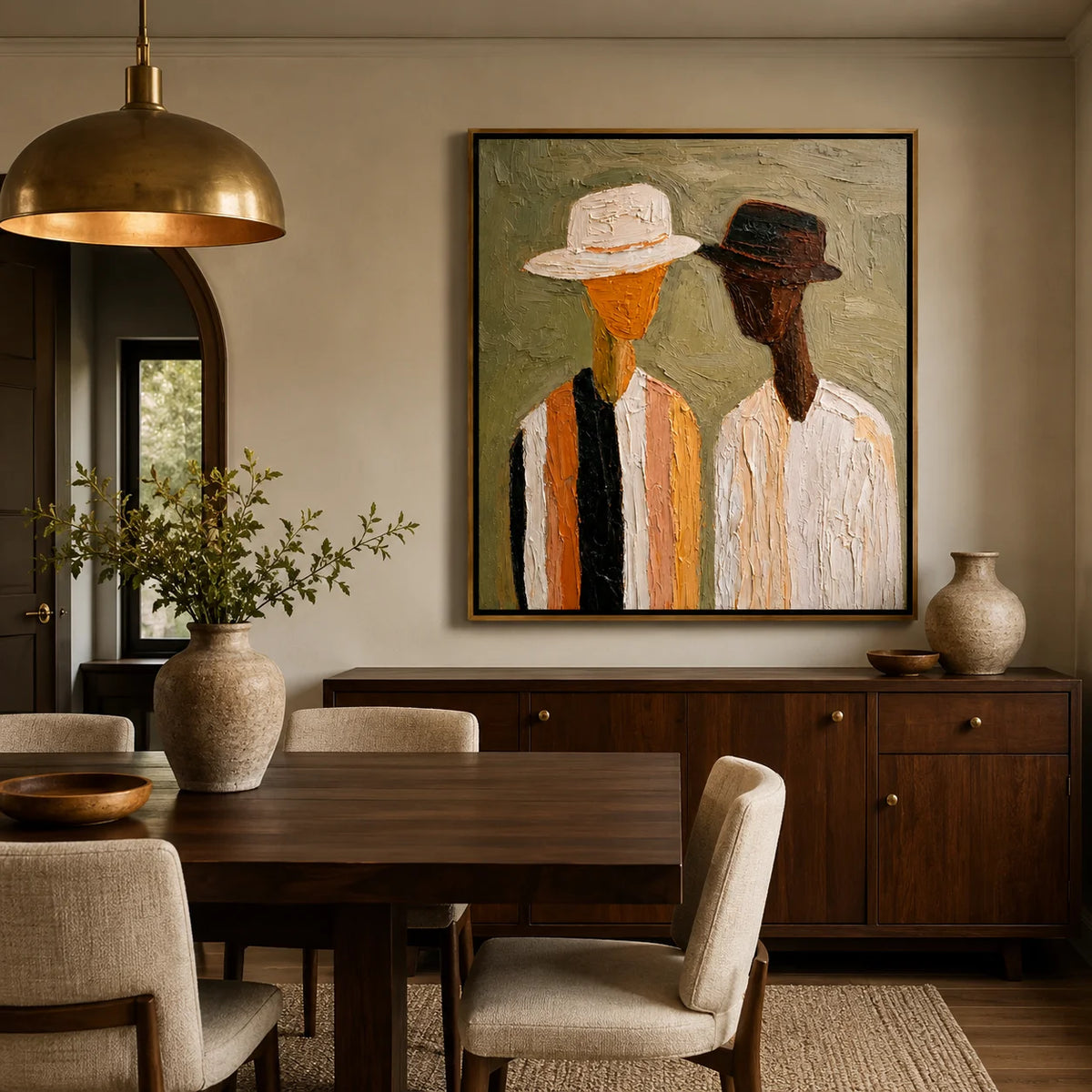 Hand-Painted Figurative Oil Painting, Textured Couple Portrait Wall Art for Modern Home Decor