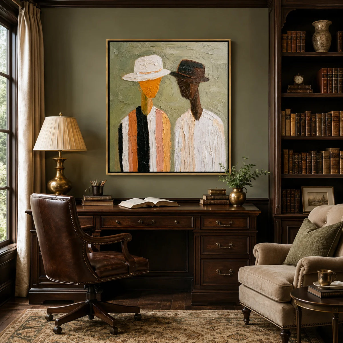Hand-Painted Figurative Oil Painting, Textured Couple Portrait Wall Art for Modern Home Decor