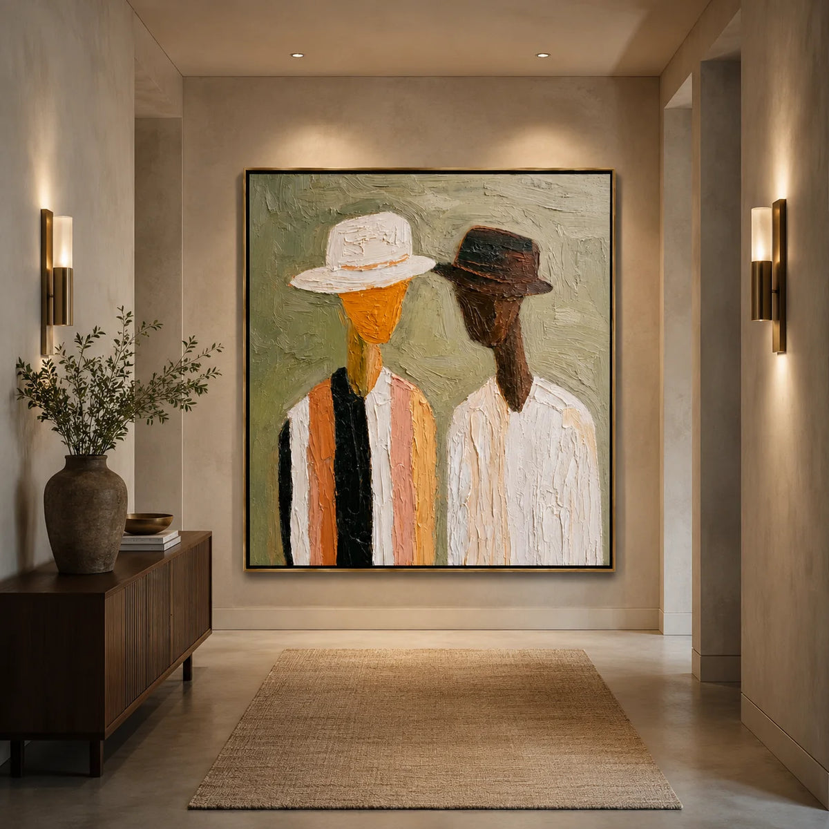 Hand-Painted Figurative Oil Painting, Textured Couple Portrait Wall Art for Modern Home Decor