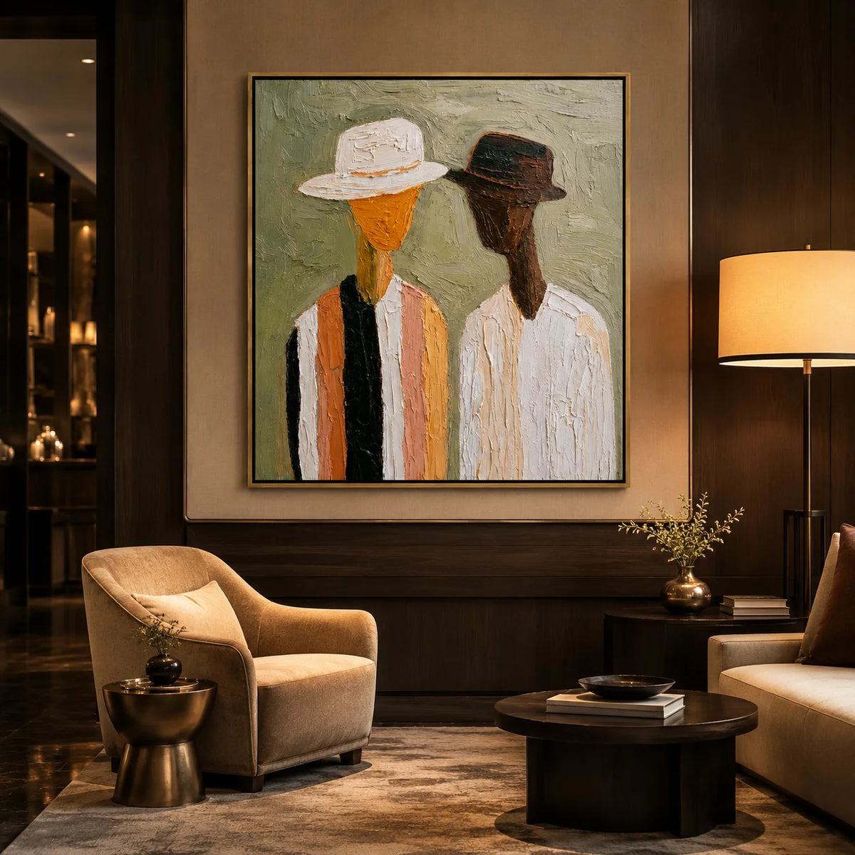 Hand-Painted Figurative Oil Painting, Textured Couple Portrait Wall Art for Modern Home Decor