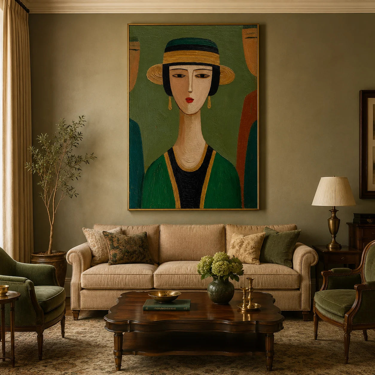 Hand-Painted Figurative Oil Painting, Textured Green Portrait Wall Art for Modern Home Decor #OA 0910
