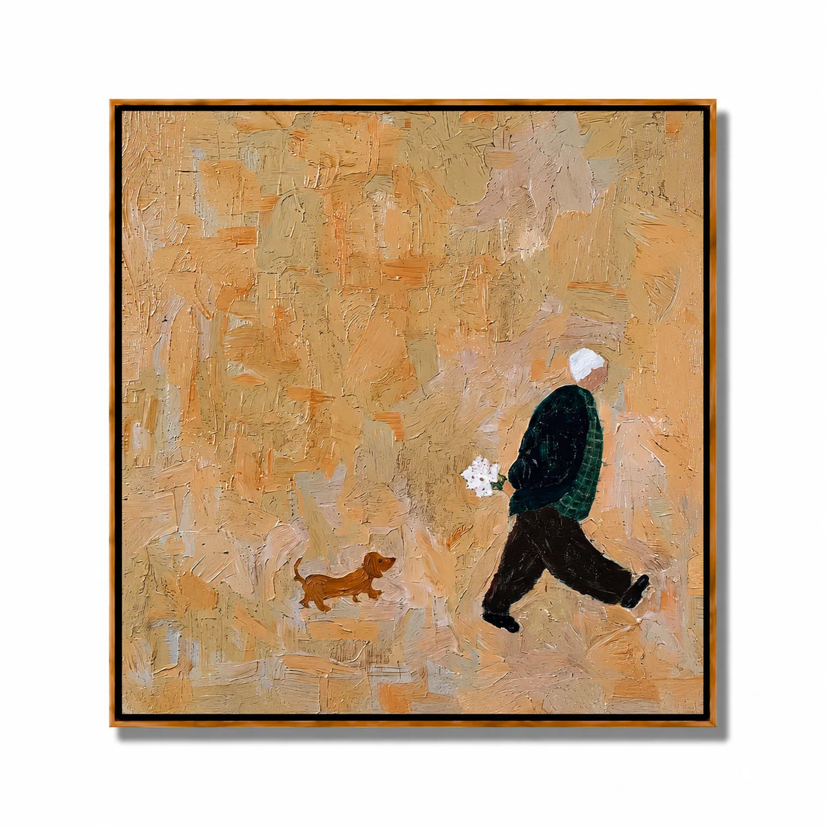 Hand-Painted Figure and Dog Oil Painting | Modern Abstract Figurative Pet Wall Art in Warm Beige Textured Style#OA 1012