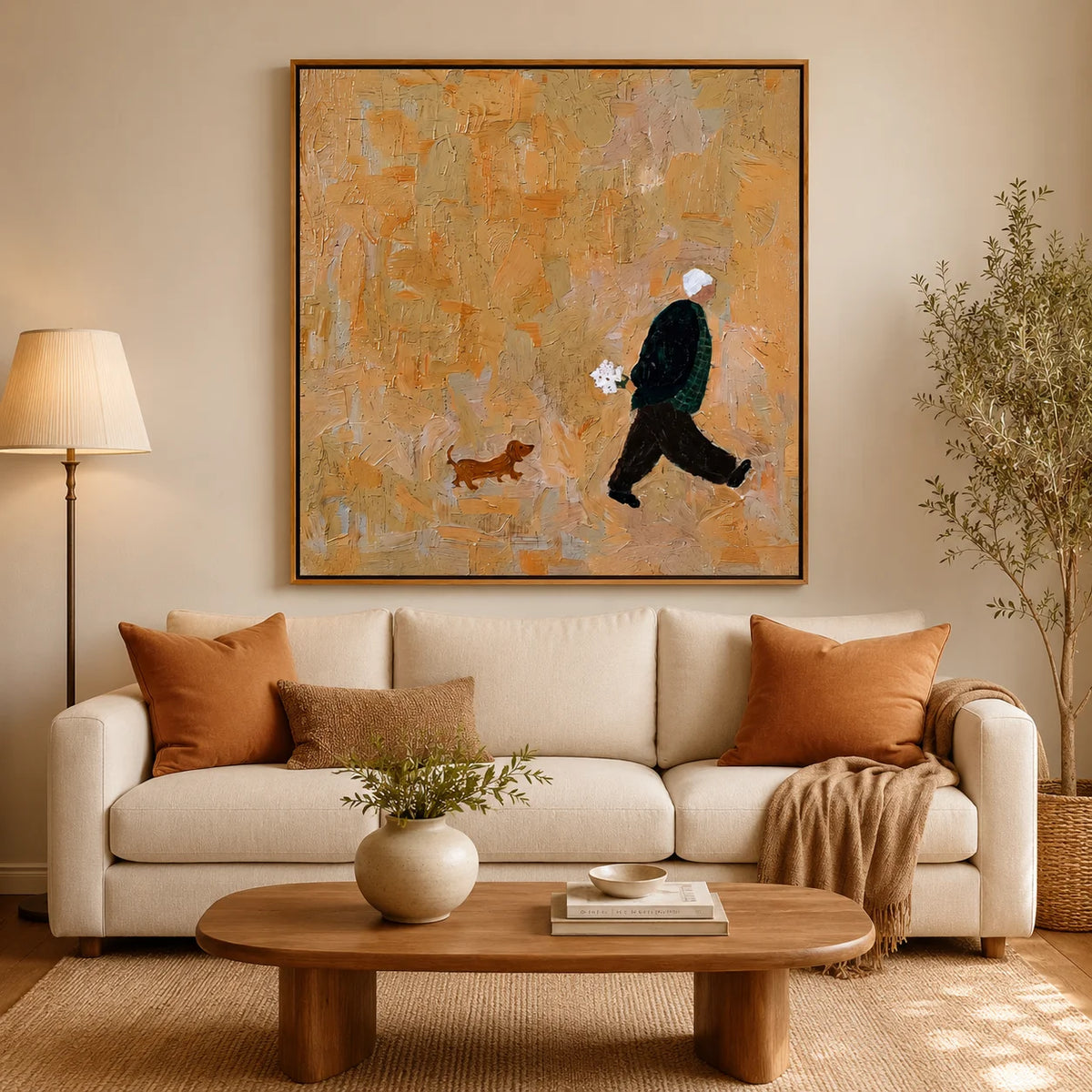 Hand-Painted Figure and Dog Oil Painting | Modern Abstract Figurative Pet Wall Art in Warm Beige Textured Style#OA 1012