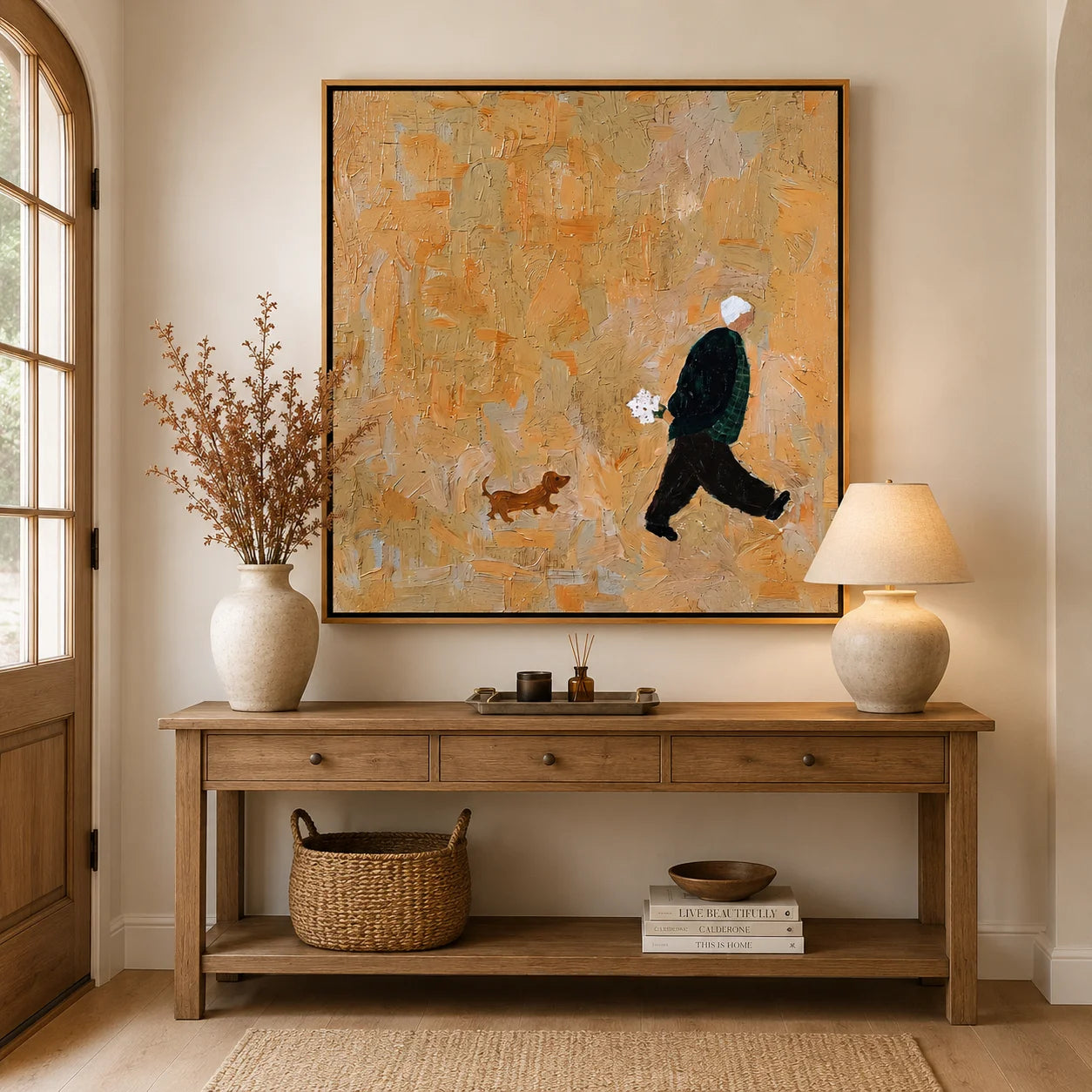 Hand-Painted Figure and Dog Oil Painting | Modern Abstract Figurative Pet Wall Art in Warm Beige Textured Style#OA 1012