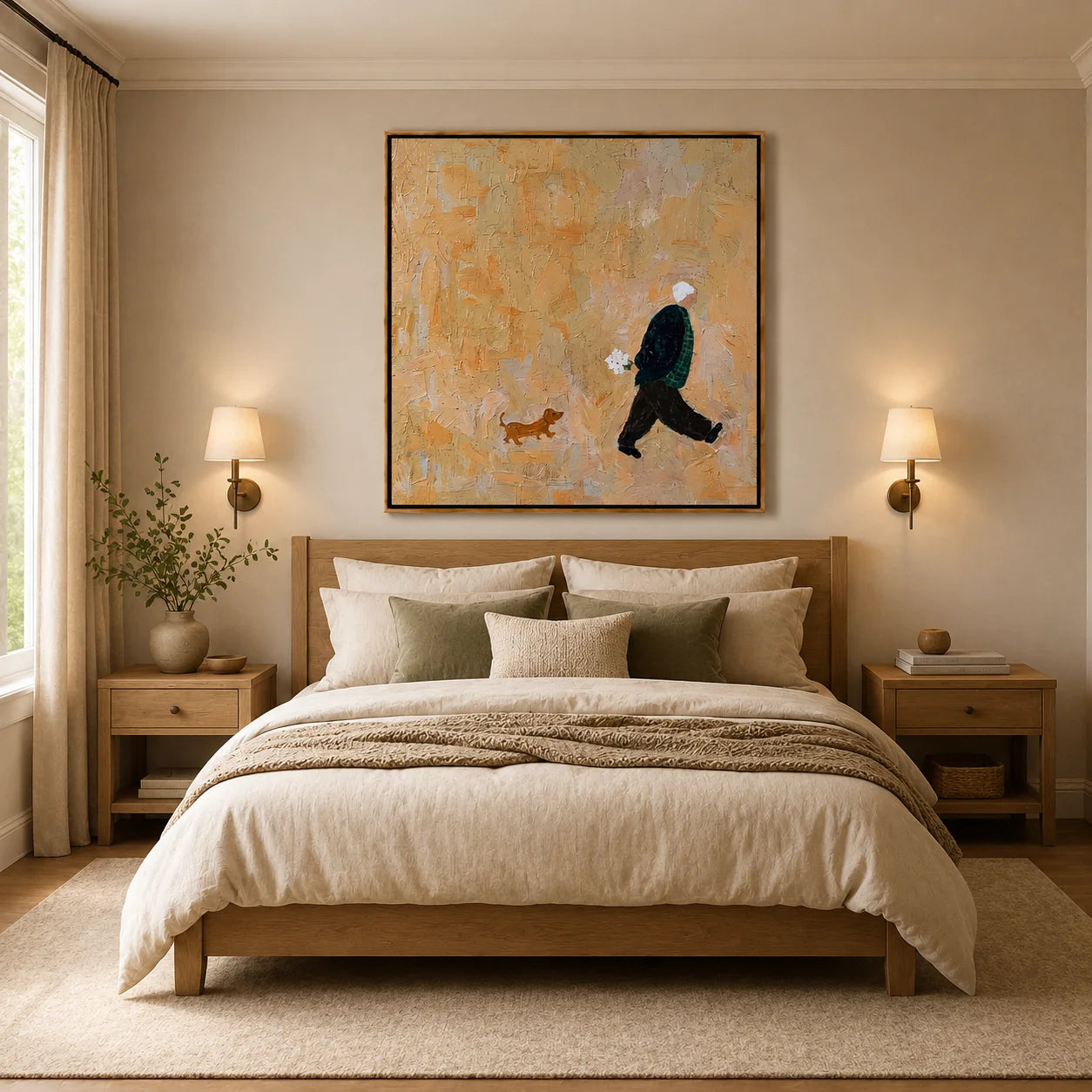 Hand-Painted Figure and Dog Oil Painting | Modern Abstract Figurative Pet Wall Art in Warm Beige Textured Style#OA 1012