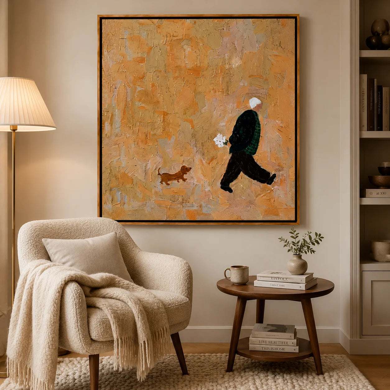 Hand-Painted Figure and Dog Oil Painting | Modern Abstract Figurative Pet Wall Art in Warm Beige Textured Style#OA 1012