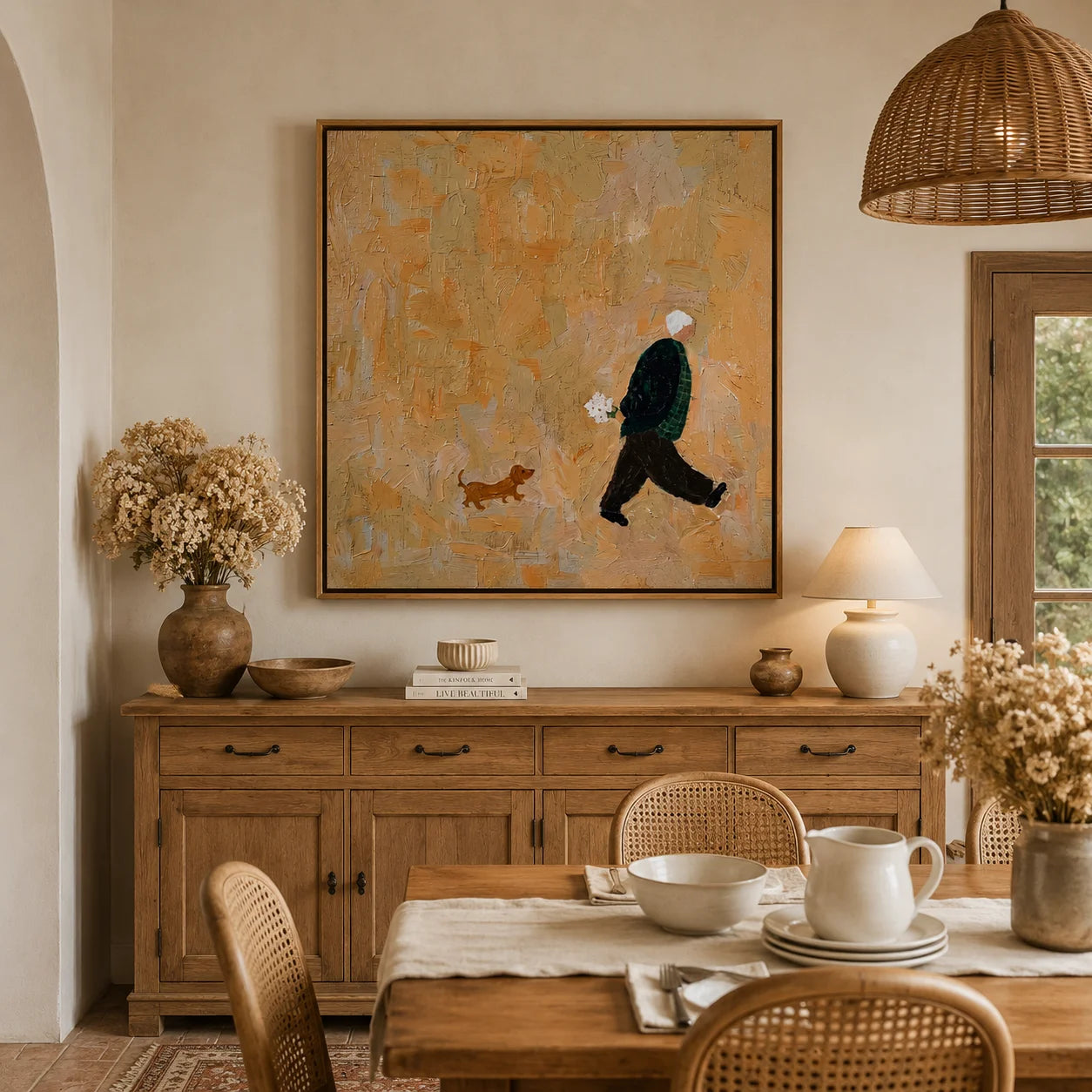 Hand-Painted Figure and Dog Oil Painting | Modern Abstract Figurative Pet Wall Art in Warm Beige Textured Style#OA 1012