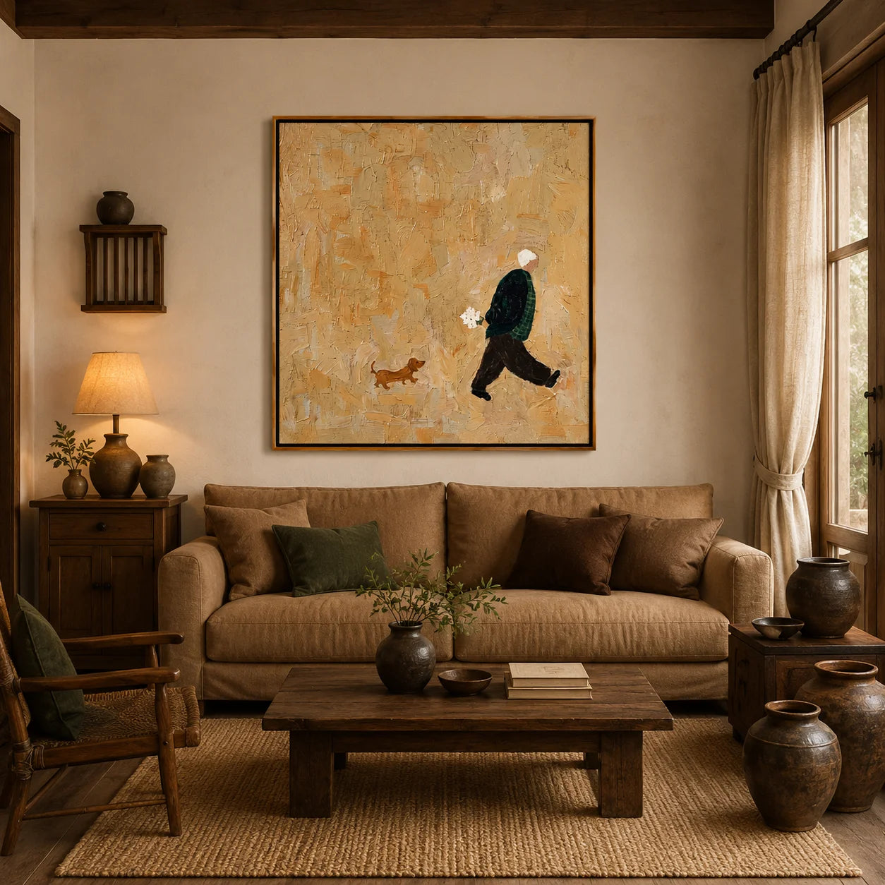 Hand-Painted Figure and Dog Oil Painting | Modern Abstract Figurative Pet Wall Art in Warm Beige Textured Style#OA 1012