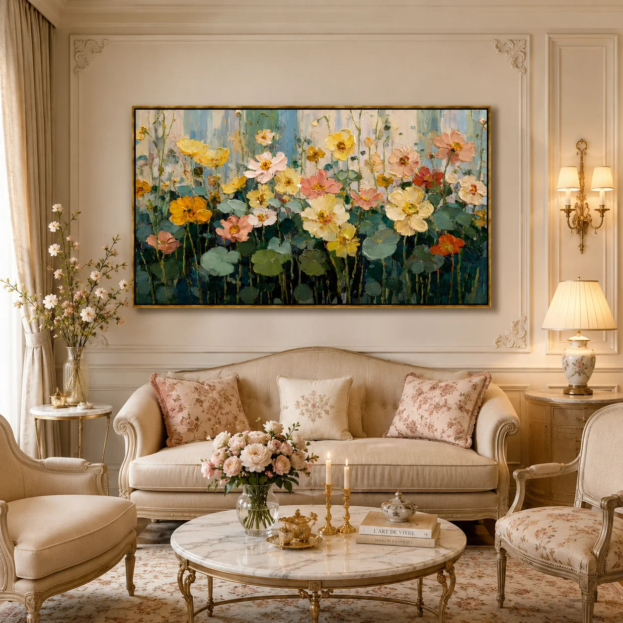 Hand-Painted Floral Oil Painting, Large Pastel Flower Wall Art for Elegant Modern Home Decor#OA 0991
