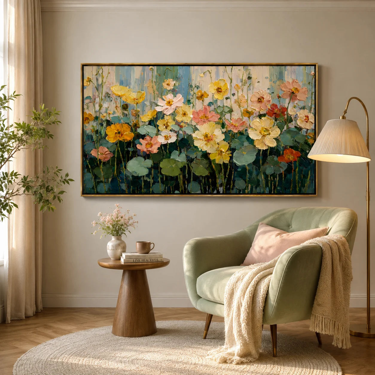 Hand-Painted Floral Oil Painting, Large Pastel Flower Wall Art for Elegant Modern Home Decor#OA 0991