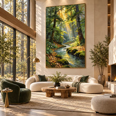 Forest Stream Landscape Oil Painting – Sunlit Woodland Nature Canvas Wall Art #OA 1376