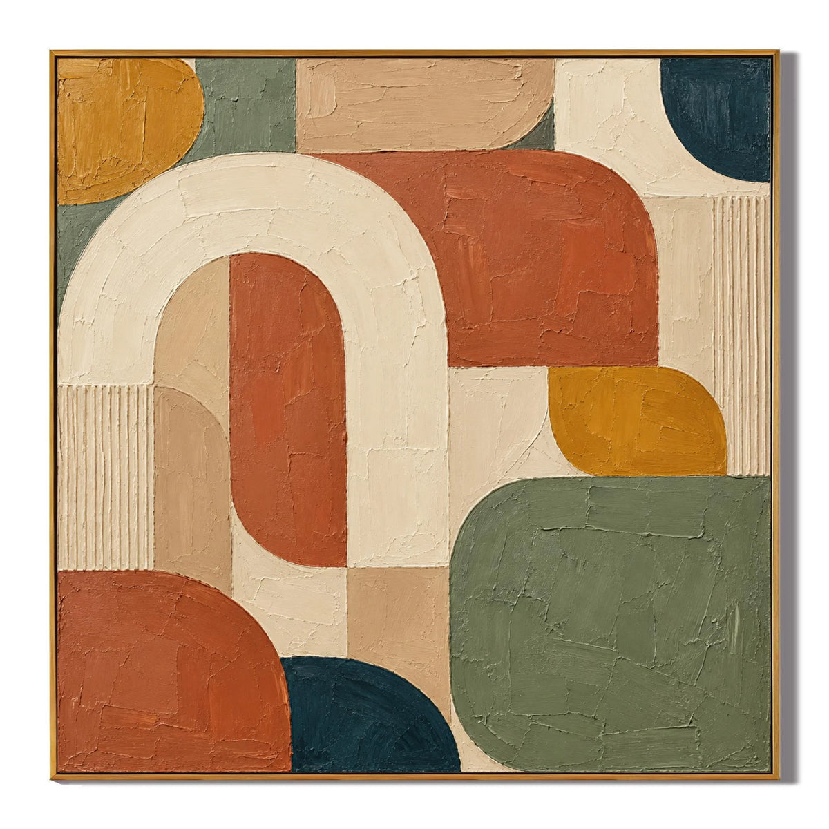 Ownanart Hand-Painted Geometric Abstract Oil Painting – Cream Arch, Terracotta, Sage Green & Ochre Shapes, Square Textured Wall Art