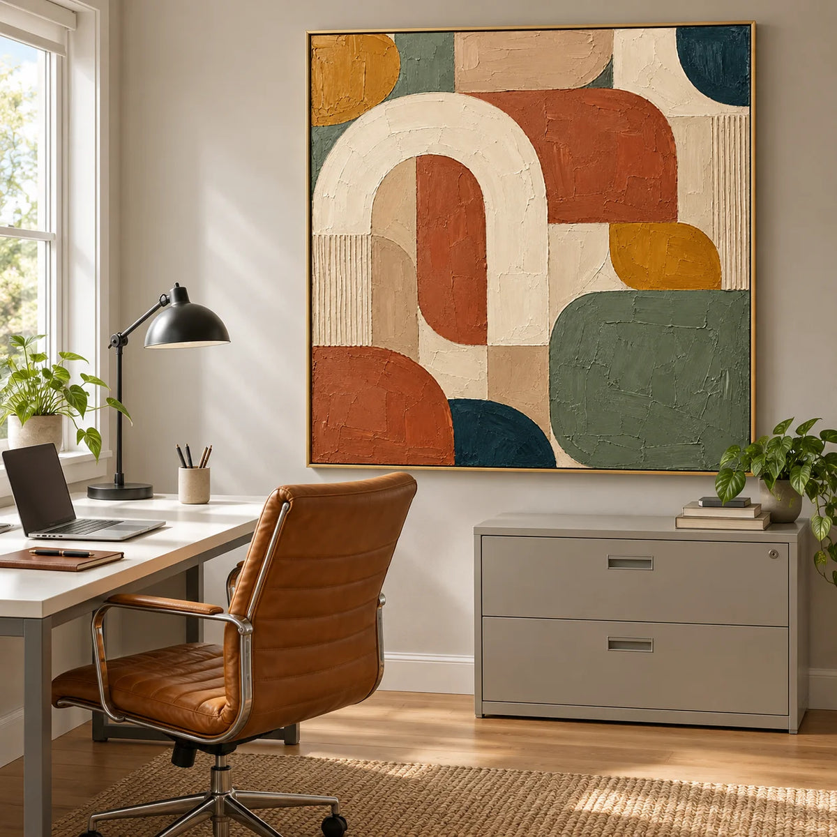 Ownanart Hand-Painted Geometric Abstract Oil Painting – Cream Arch, Terracotta, Sage Green & Ochre Shapes, Square Textured Wall Art