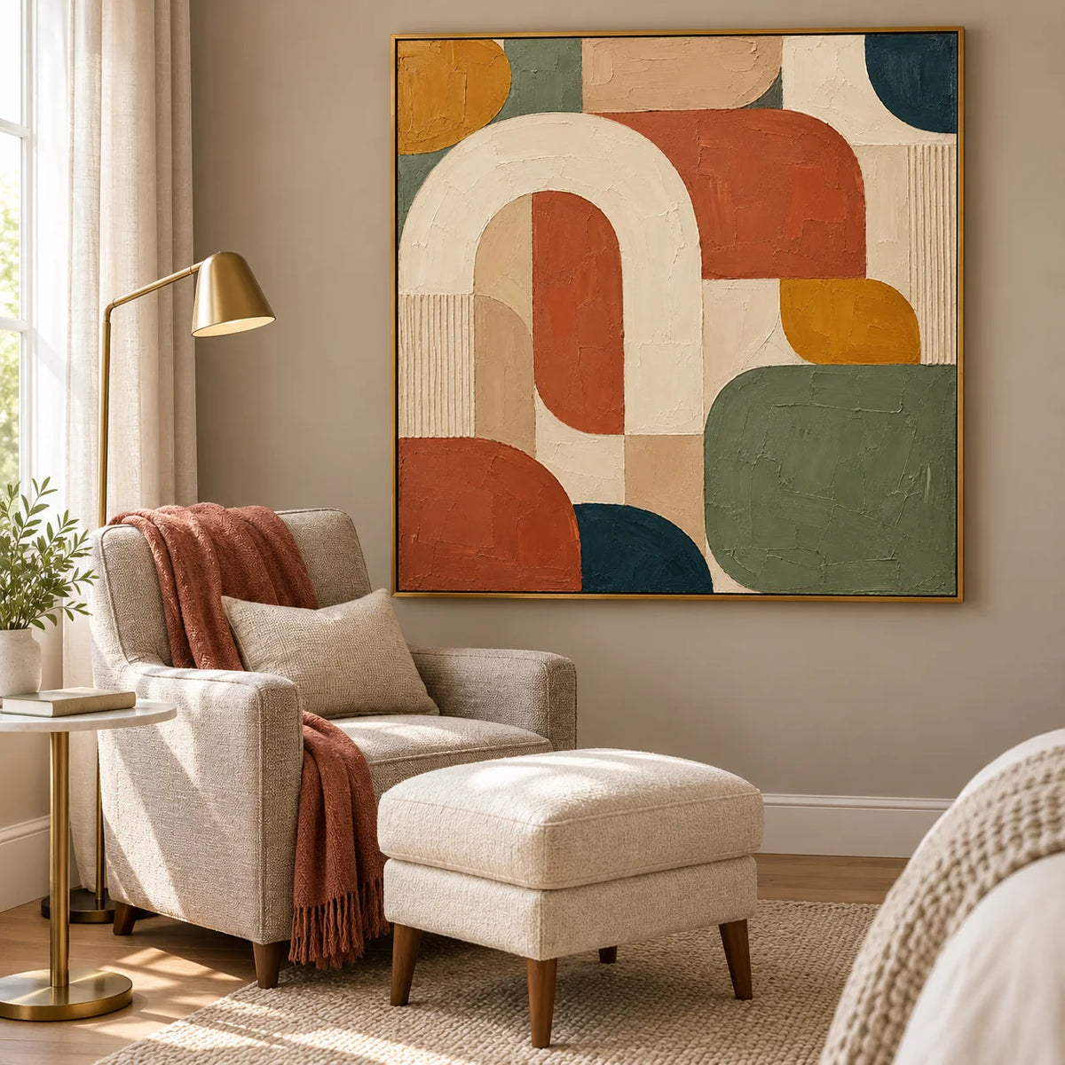 Ownanart Hand-Painted Geometric Abstract Oil Painting – Cream Arch, Terracotta, Sage Green & Ochre Shapes, Square Textured Wall Art