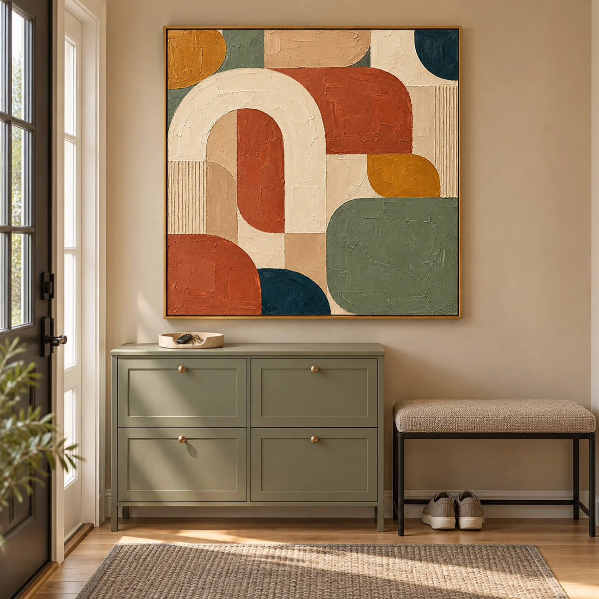 Ownanart Hand-Painted Geometric Abstract Oil Painting – Cream Arch, Terracotta, Sage Green & Ochre Shapes, Square Textured Wall Art