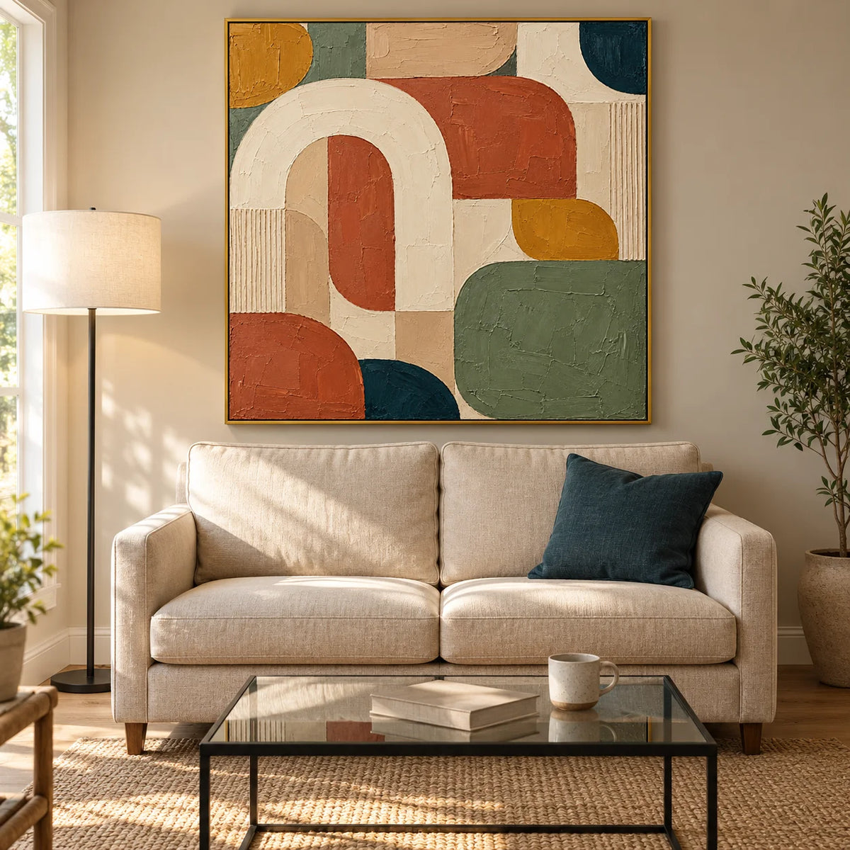 Ownanart Hand-Painted Geometric Abstract Oil Painting – Cream Arch, Terracotta, Sage Green & Ochre Shapes, Square Textured Wall Art