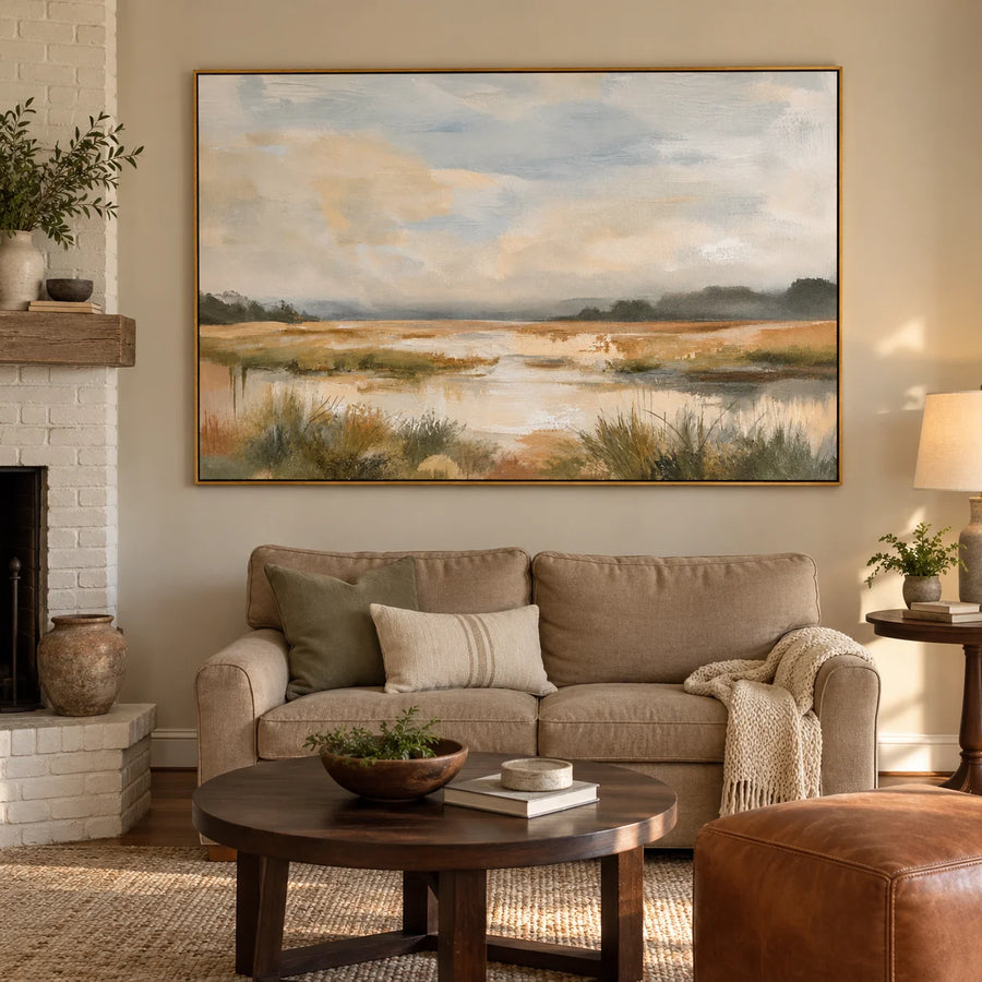 Ownanart Hand-Painted Golden Marsh Landscape Oil Painting – Misty Wetland, Reflective Water and Neutral Sky, Horizontal Canvas Wall Art #OA 1450