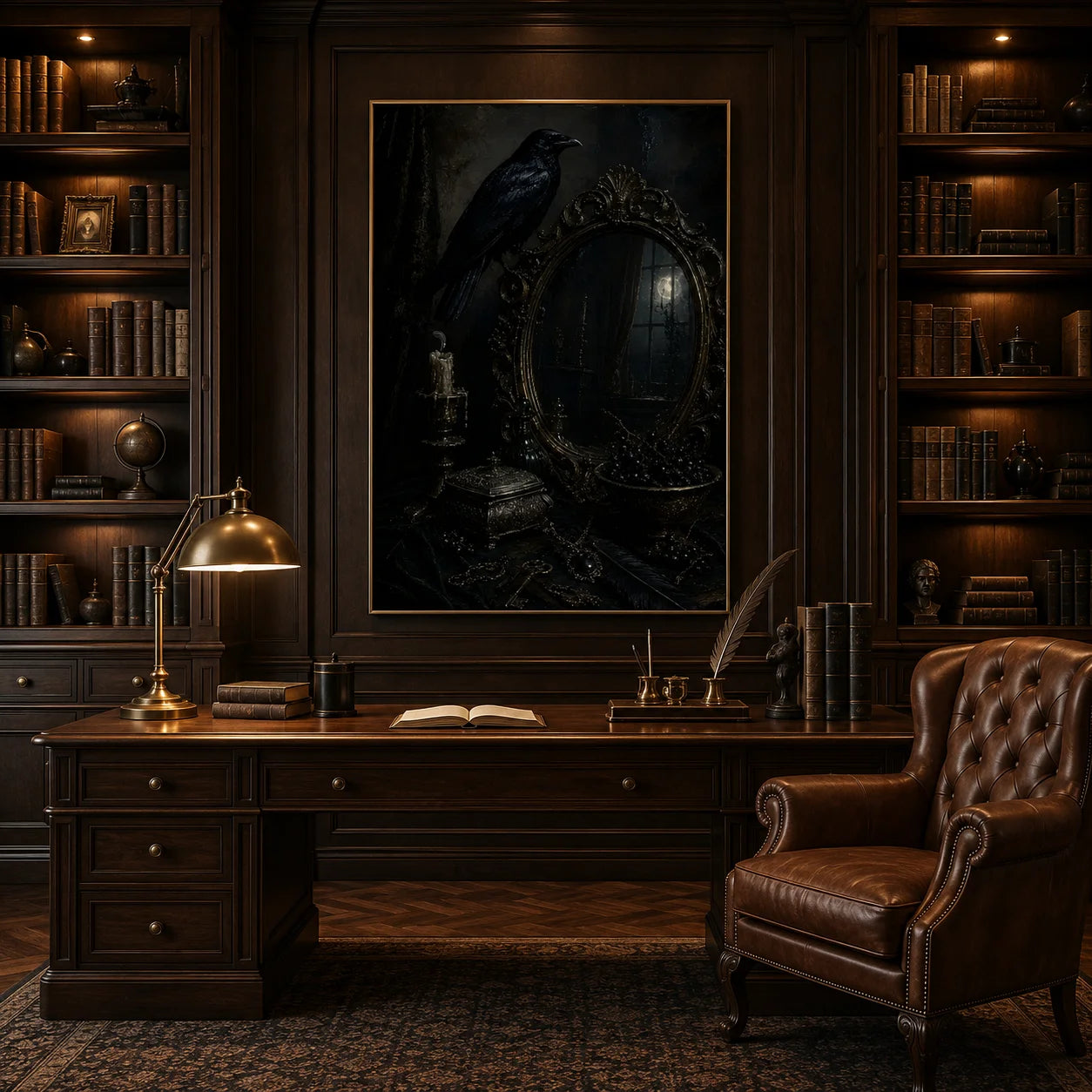 Ownanart Hand-Painted Gothic Raven & Antique Mirror Oil Painting | Dark Academia Wall Art | Mystical Black Raven Halloween Artwork | Dark Romantic Gothic Home Decor for Living Room, Bedroom & Entryway # OA 1292