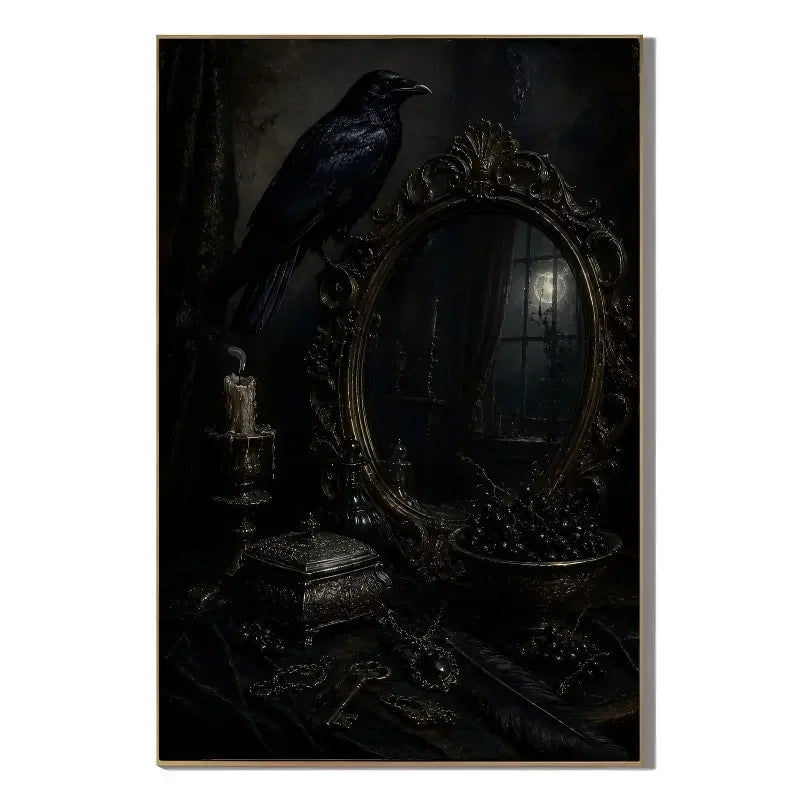 Ownanart Hand-Painted Gothic Raven & Antique Mirror Oil Painting | Dark Academia Wall Art | Mystical Black Raven Halloween Artwork | Dark Romantic Gothic Home Decor for Living Room, Bedroom & Entryway # OA 1292