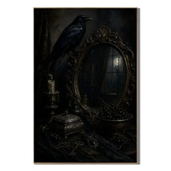 Ownanart Hand-Painted Gothic Raven & Antique Mirror Oil Painting | Dark Academia Wall Art | Mystical Black Raven Halloween Artwork | Dark Romantic Gothic Home Decor for Living Room, Bedroom & Entryway # OA 1292
