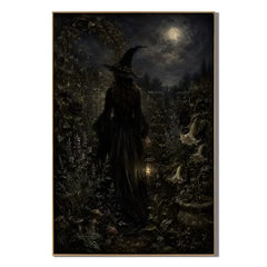 Ownanart Hand-Painted Gothic Witch Under Moonlight Oil Painting | Dark Academia Halloween Wall Art | Mystical Moonlit Magic Garden Artwork | Gothic Home Decor for Living Room, Bedroom & Entryway # OA 1290