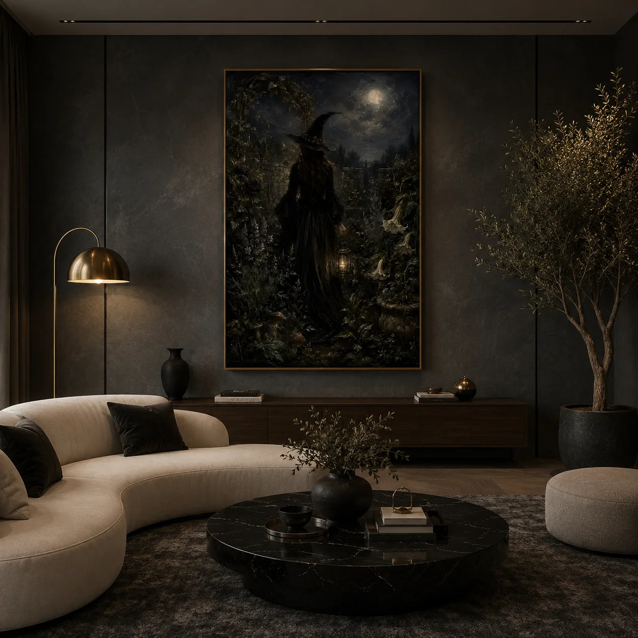 Ownanart Hand-Painted Gothic Witch Under Moonlight Oil Painting | Dark Academia Halloween Wall Art | Mystical Moonlit Magic Garden Artwork | Gothic Home Decor for Living Room, Bedroom & Entryway # OA 1290