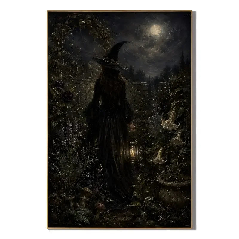Ownanart Hand-Painted Gothic Witch Under Moonlight Oil Painting | Dark Academia Halloween Wall Art | Mystical Moonlit Magic Garden Artwork | Gothic Home Decor for Living Room, Bedroom & Entryway # OA 1290