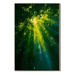 Ownanart Hand-Painted Green Forest Sunlight Oil Painting | Modern Impressionist Lush Woodland with Golden Sun Rays & Nature Landscape Wall Art for Living Room, Bedroom and Study # OA 1354