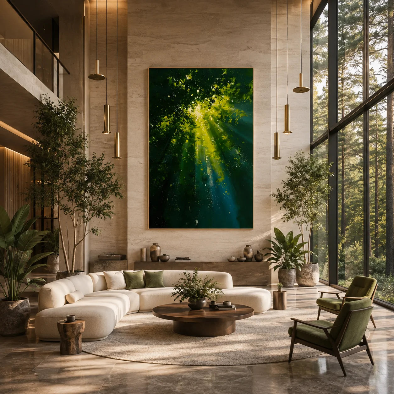 Ownanart Hand-Painted Green Forest Sunlight Oil Painting | Modern Impressionist Lush Woodland with Golden Sun Rays & Nature Landscape Wall Art for Living Room, Bedroom and Study # OA 1354