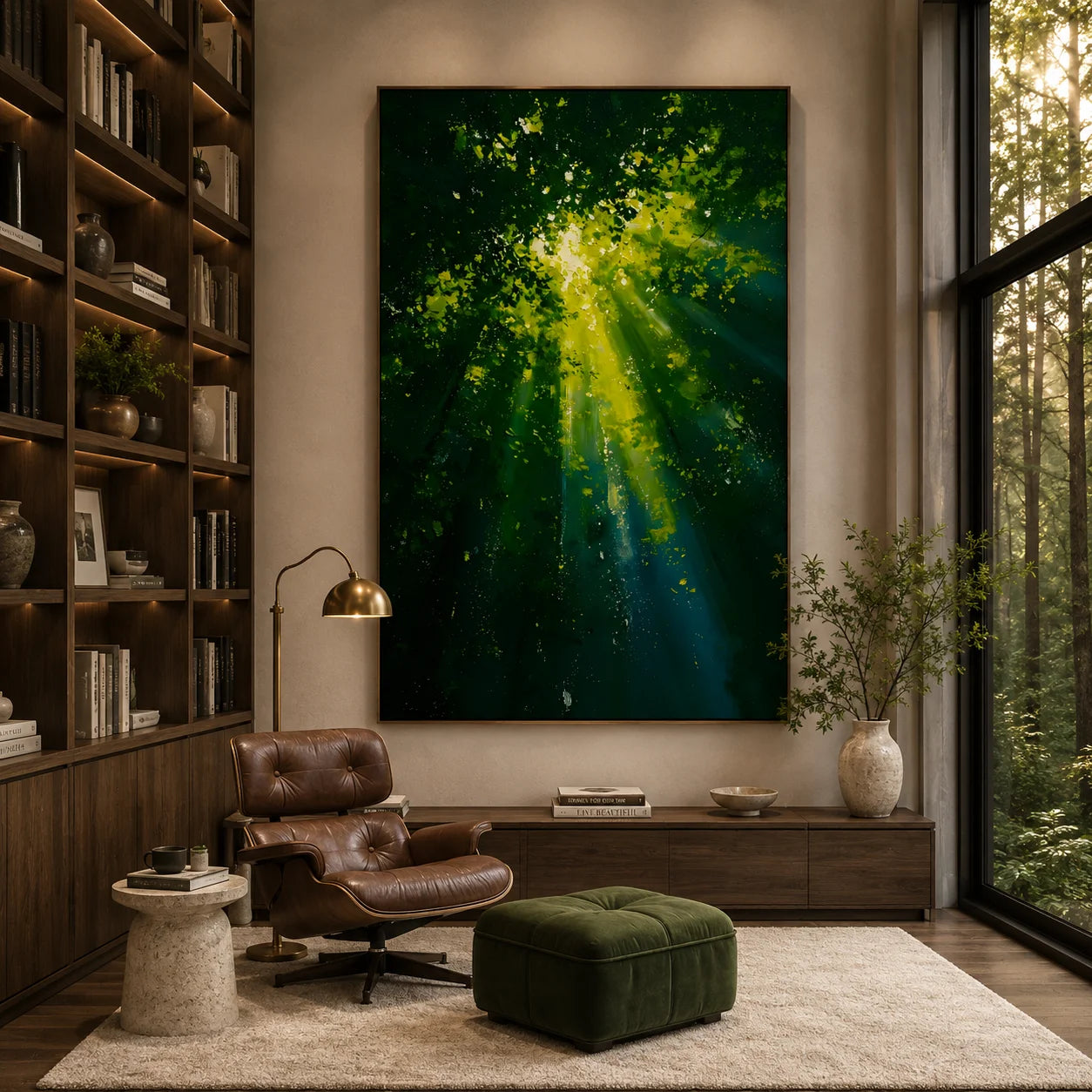Ownanart Hand-Painted Green Forest Sunlight Oil Painting | Modern Impressionist Lush Woodland with Golden Sun Rays & Nature Landscape Wall Art for Living Room, Bedroom and Study # OA 1354