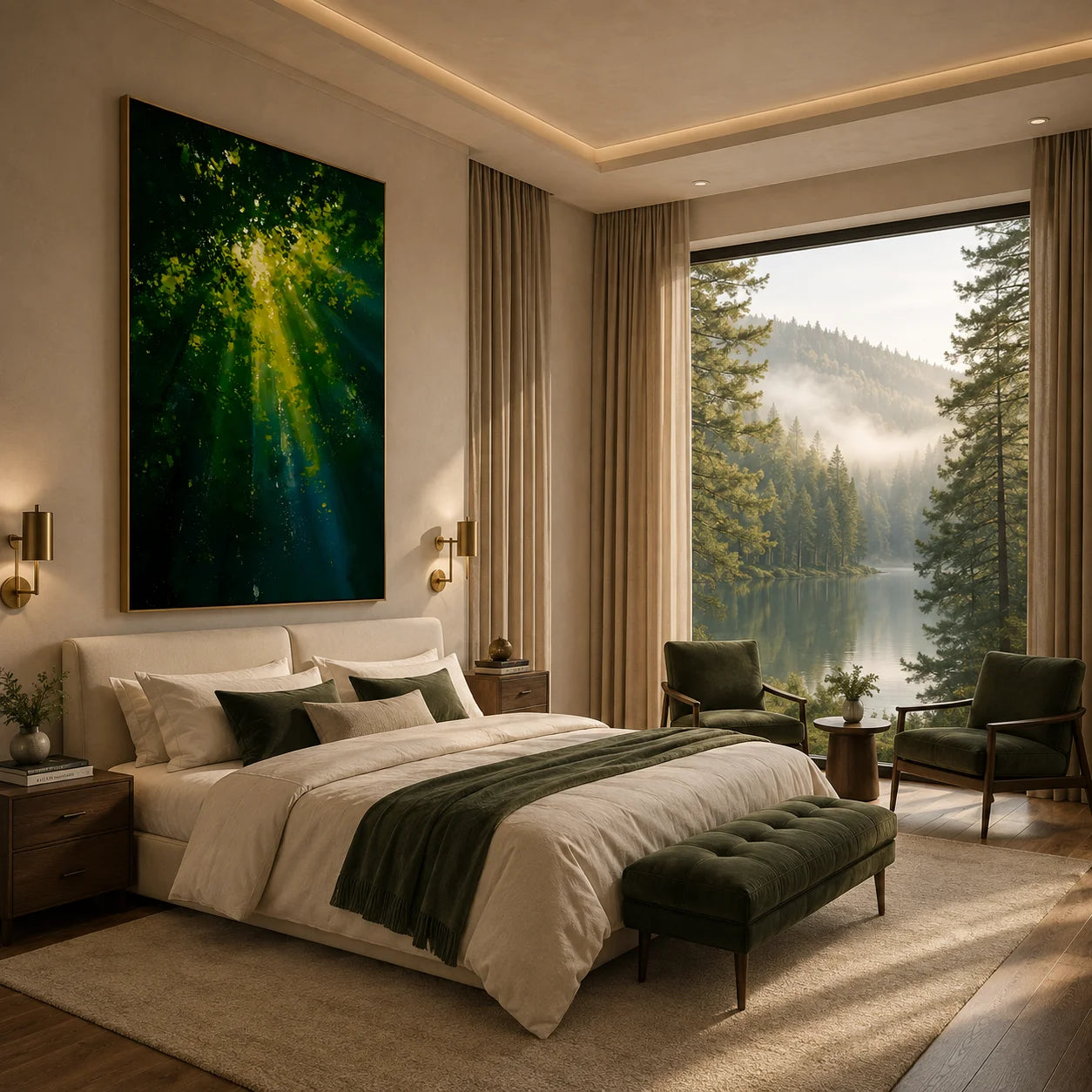 Ownanart Hand-Painted Green Forest Sunlight Oil Painting | Modern Impressionist Lush Woodland with Golden Sun Rays & Nature Landscape Wall Art for Living Room, Bedroom and Study # OA 1354