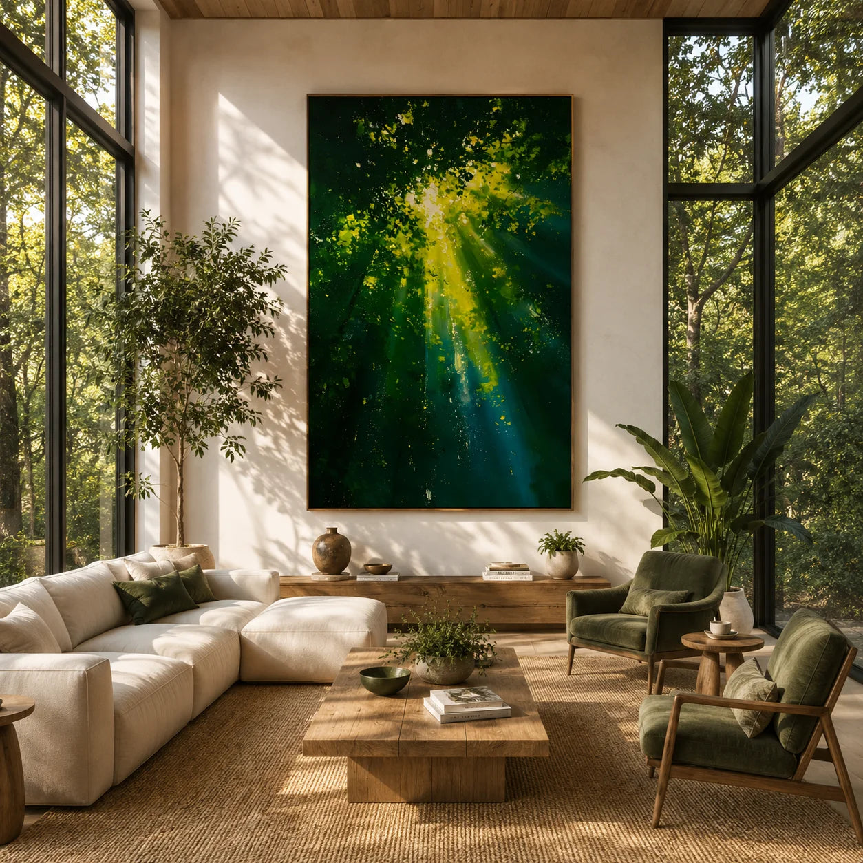 Ownanart Hand-Painted Green Forest Sunlight Oil Painting | Modern Impressionist Lush Woodland with Golden Sun Rays & Nature Landscape Wall Art for Living Room, Bedroom and Study # OA 1354