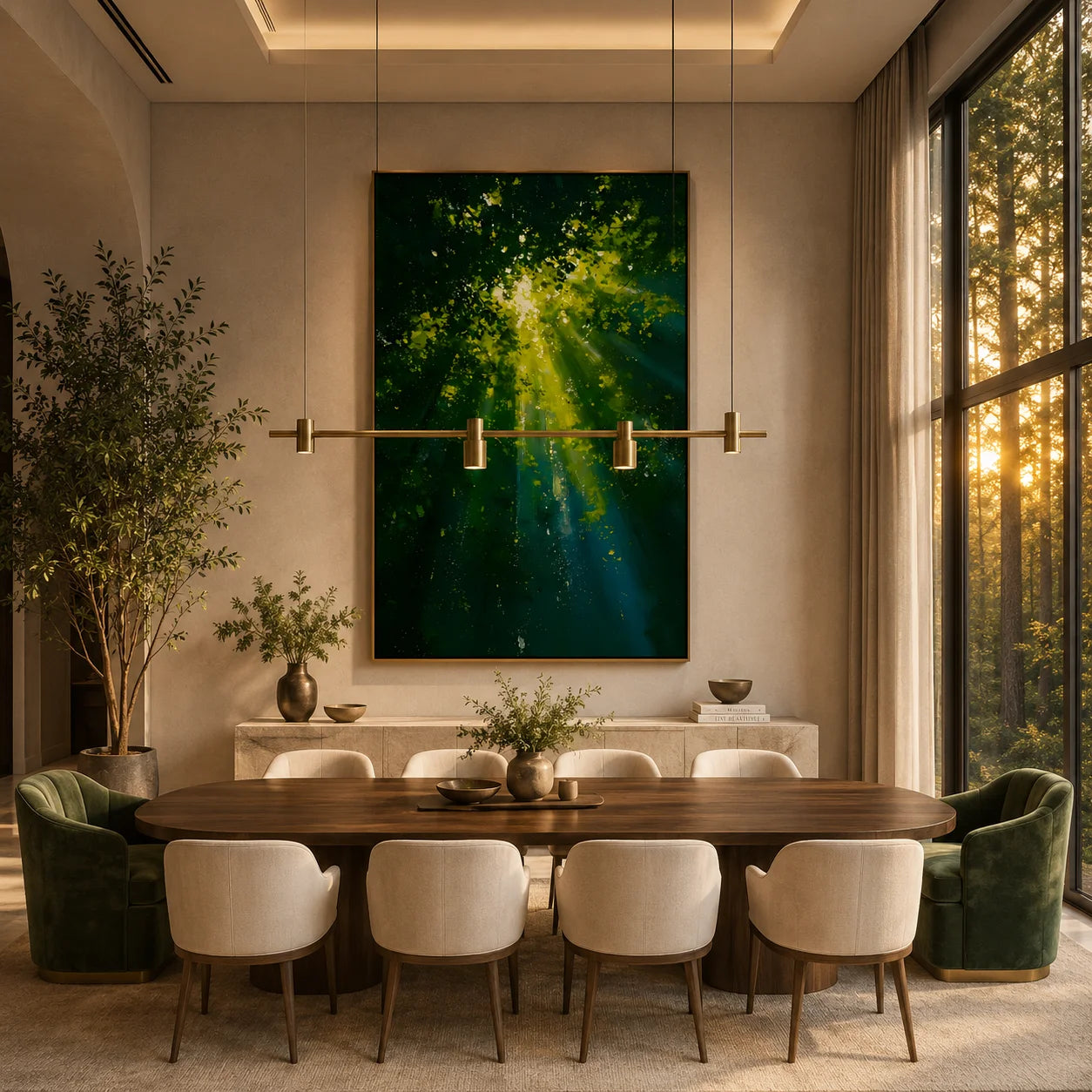 Ownanart Hand-Painted Green Forest Sunlight Oil Painting | Modern Impressionist Lush Woodland with Golden Sun Rays & Nature Landscape Wall Art for Living Room, Bedroom and Study # OA 1354