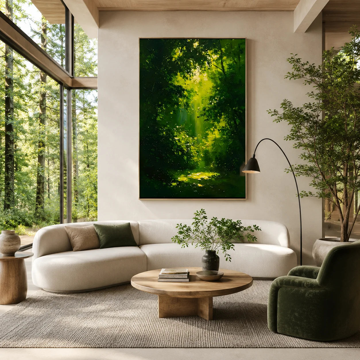 Ownanart Hand-Painted Green Forest Sunlight Oil Painting | Modern Impressionist Lush Woodland with Golden Sun Rays & Textured Nature Landscape Wall Art for Living Room, Bedroom and Study # OA 1353
