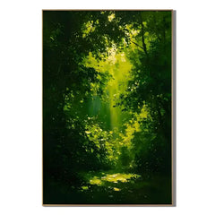 Ownanart Hand-Painted Green Forest Sunlight Oil Painting | Modern Impressionist Lush Woodland with Golden Sun Rays & Textured Nature Landscape Wall Art for Living Room, Bedroom and Study # OA 1353