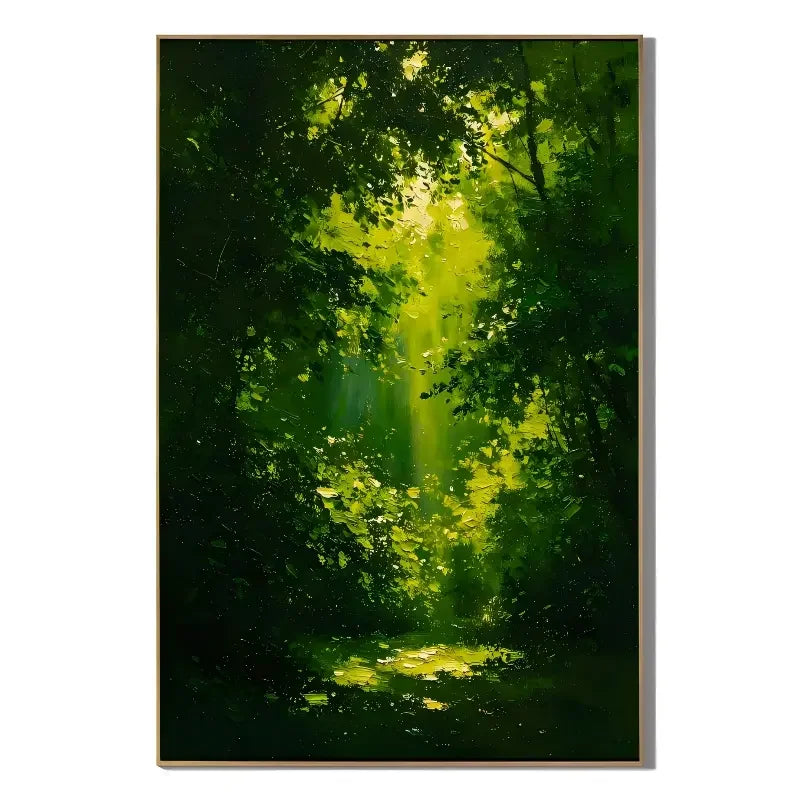 Ownanart Hand-Painted Green Forest Sunlight Oil Painting | Modern Impressionist Lush Woodland with Golden Sun Rays & Textured Nature Landscape Wall Art for Living Room, Bedroom and Study # OA 1353