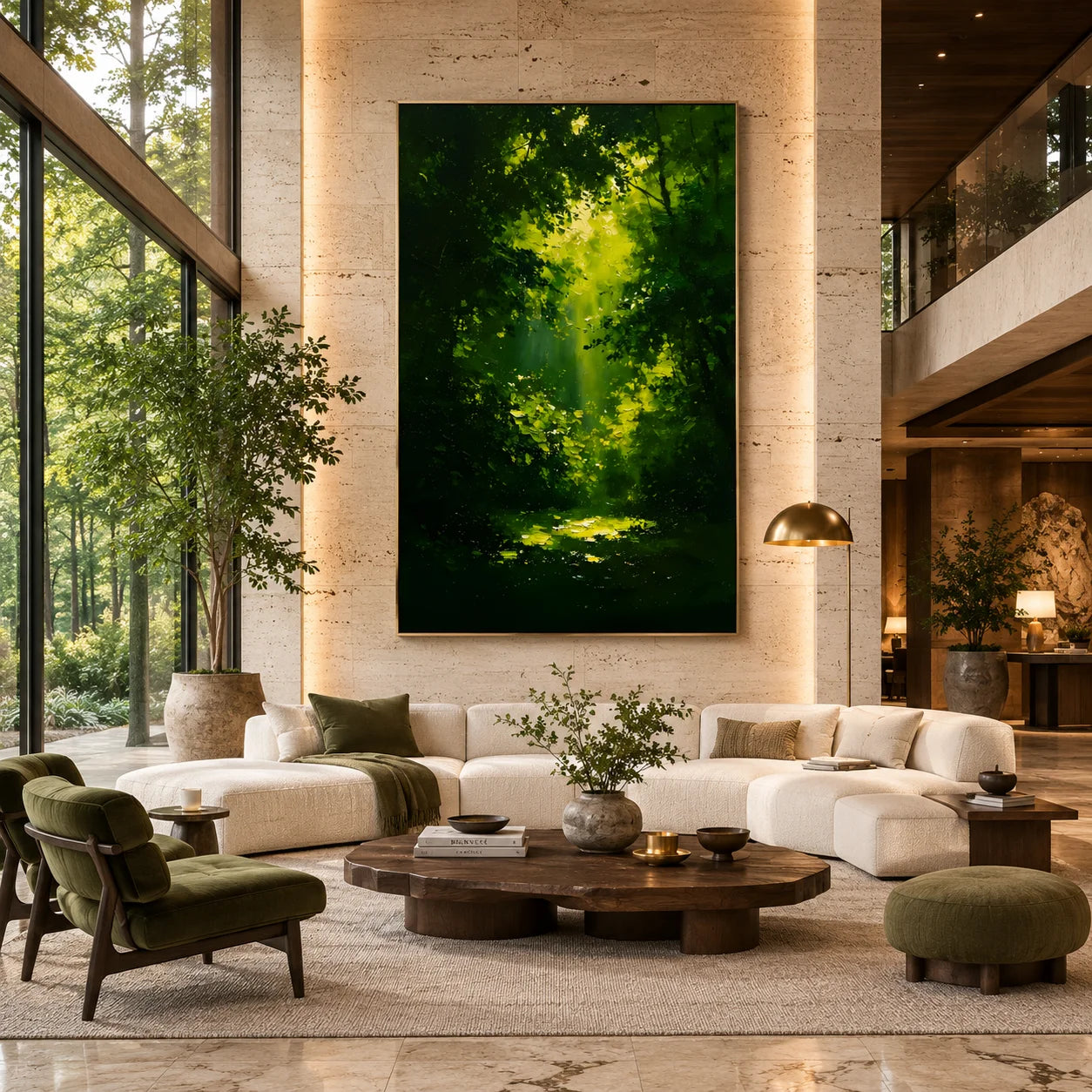 Ownanart Hand-Painted Green Forest Sunlight Oil Painting | Modern Impressionist Lush Woodland with Golden Sun Rays & Textured Nature Landscape Wall Art for Living Room, Bedroom and Study # OA 1353