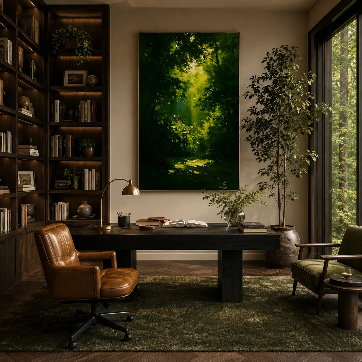 Ownanart Hand-Painted Green Forest Sunlight Oil Painting | Modern Impressionist Lush Woodland with Golden Sun Rays & Textured Nature Landscape Wall Art for Living Room, Bedroom and Study # OA 1353