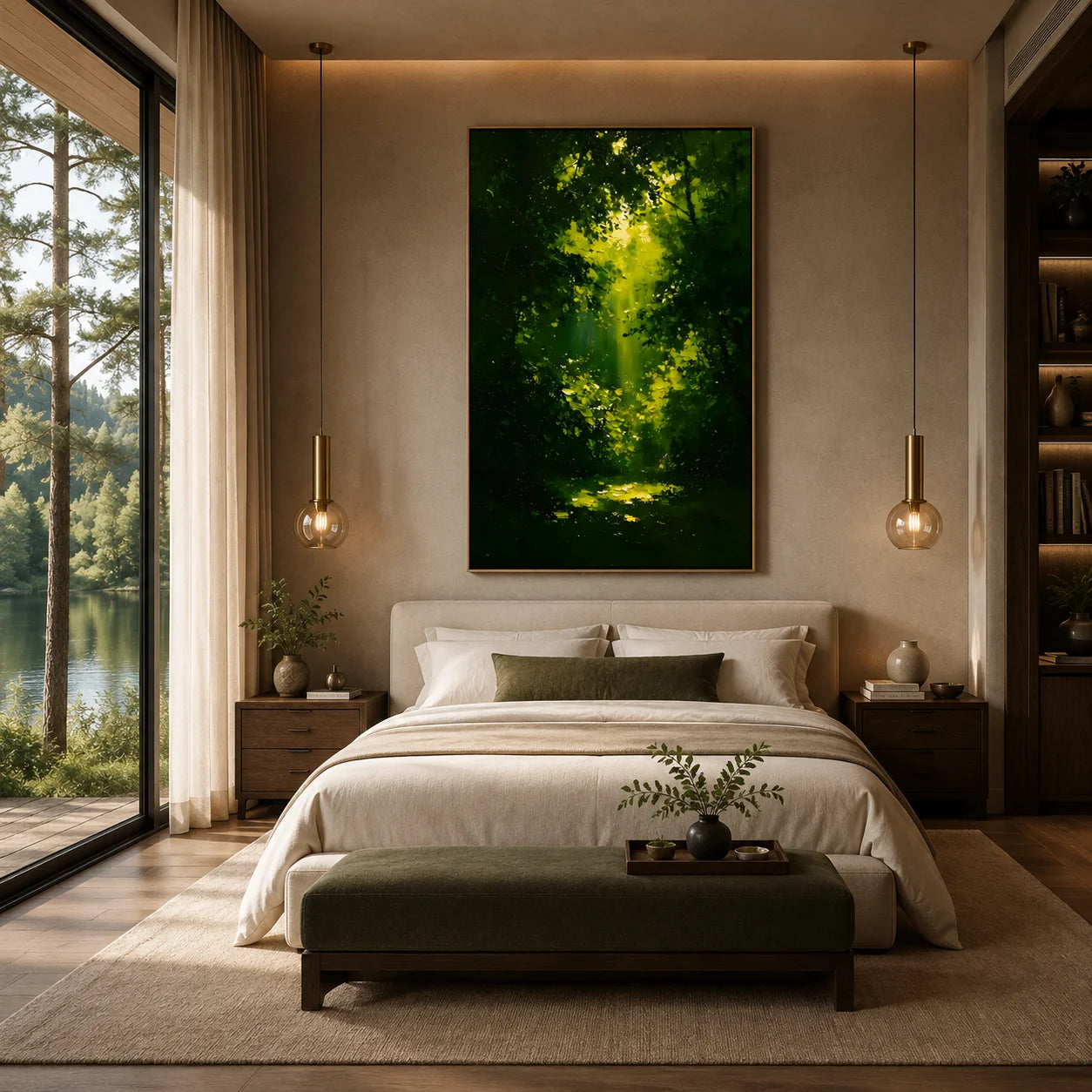 Ownanart Hand-Painted Green Forest Sunlight Oil Painting | Modern Impressionist Lush Woodland with Golden Sun Rays & Textured Nature Landscape Wall Art for Living Room, Bedroom and Study # OA 1353