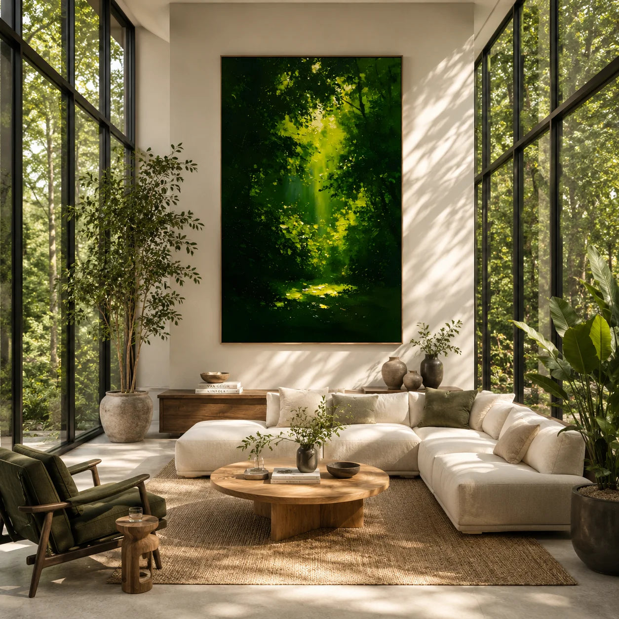 Ownanart Hand-Painted Green Forest Sunlight Oil Painting | Modern Impressionist Lush Woodland with Golden Sun Rays & Textured Nature Landscape Wall Art for Living Room, Bedroom and Study # OA 1353