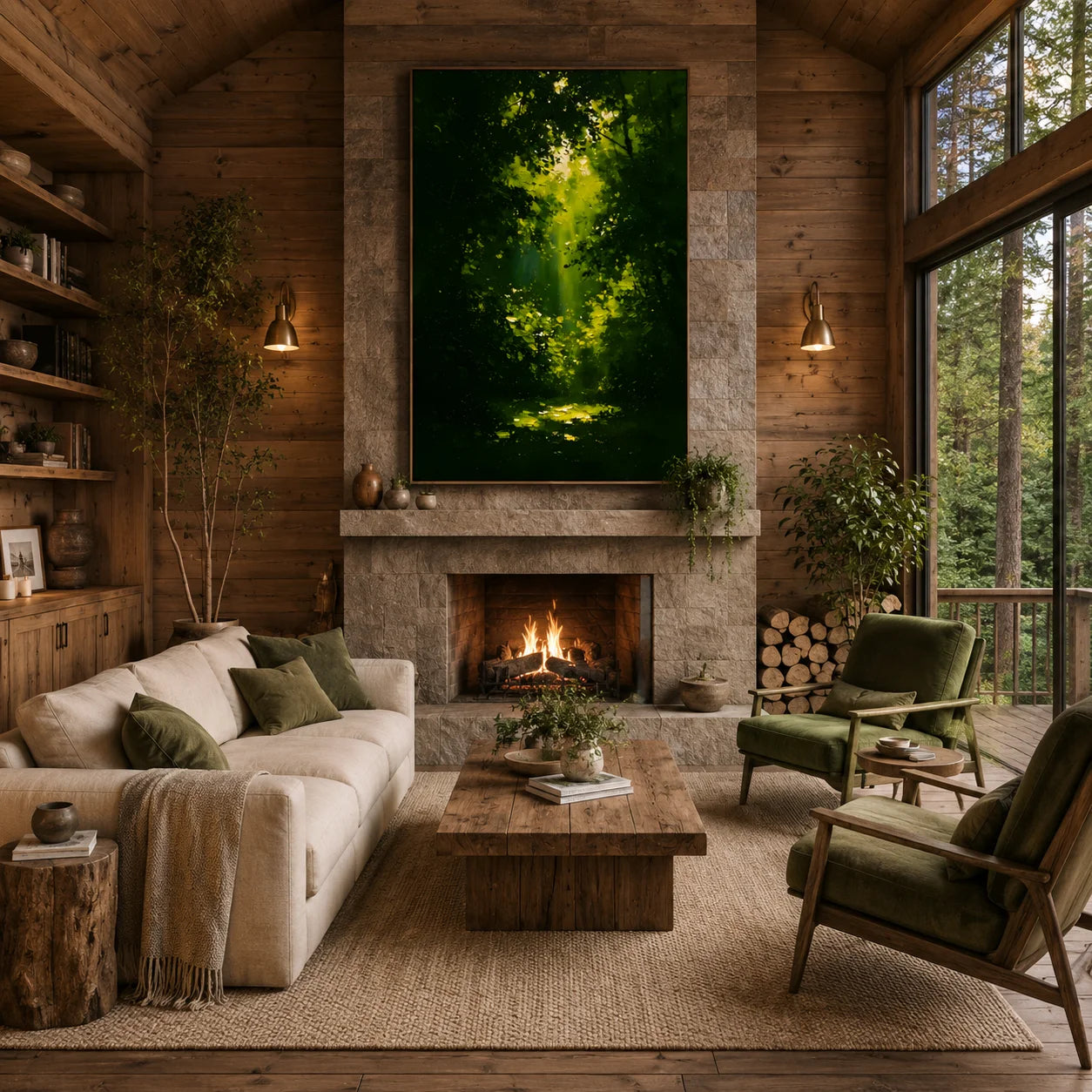 Ownanart Hand-Painted Green Forest Sunlight Oil Painting | Modern Impressionist Lush Woodland with Golden Sun Rays & Textured Nature Landscape Wall Art for Living Room, Bedroom and Study # OA 1353