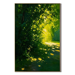 Ownanart Hand-Painted Green Forest Sunlight Path Oil Painting | Modern Impressionist Lush Woodland with Golden Morning Light & Textured Nature Landscape Wall Art for Living Room, Bedroom and Study # OA 1355